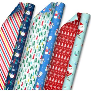 Hallmark Reversible Christmas Wrapping Paper for Kids (3 Rolls: 120 Sq. Ft. Total) Snowmen, Stripes, Trees, Skiing Santa, Zebras, Hedgehogs, Penguins