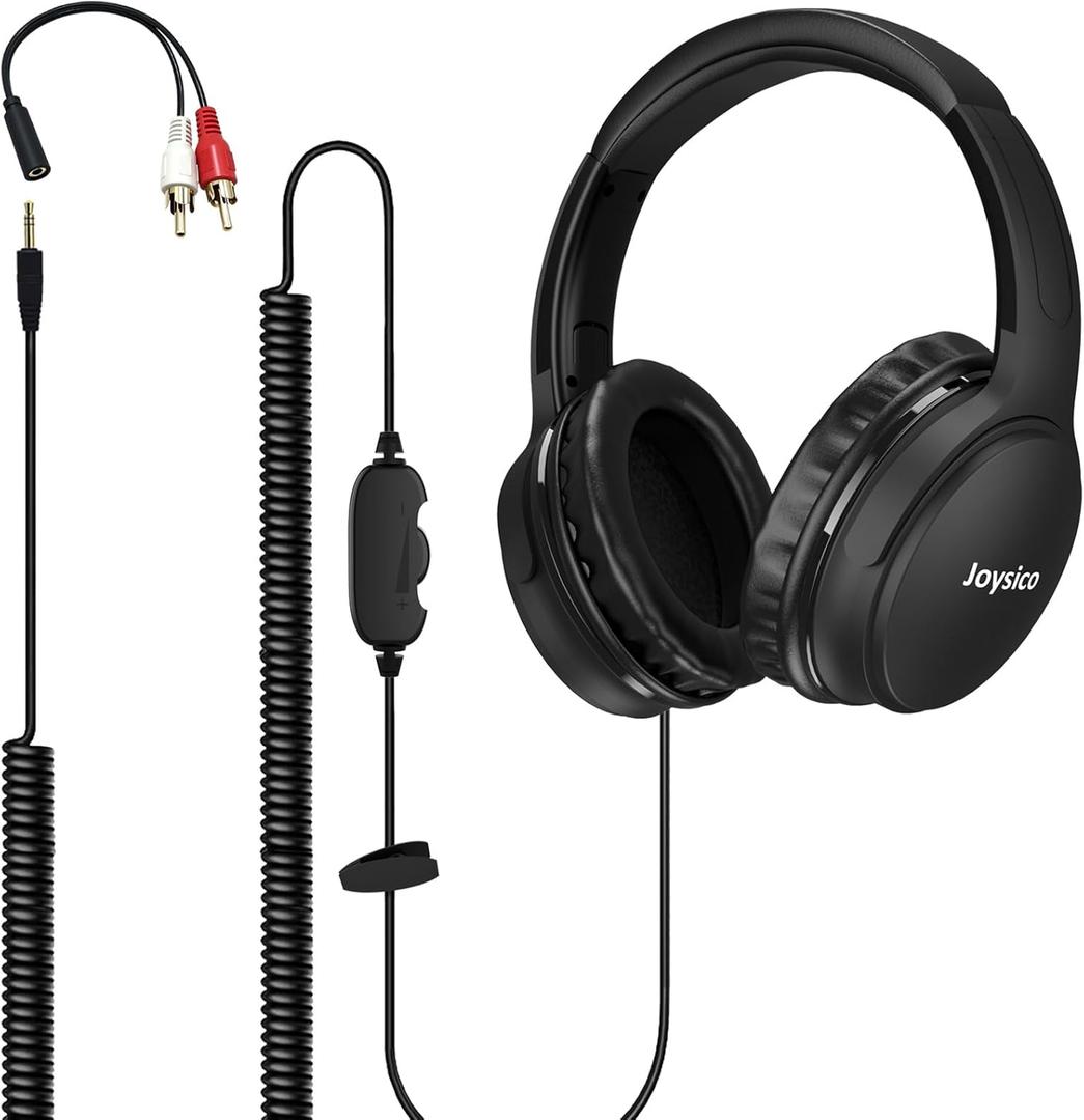 Joysico 19.5Ft / 6M Extra Long Cord Headphones for TV PC with Volume Control, Spring Coiled Cable, 3.5mm AUX, Wired Over Ear Earphones for Seniors Hard of Hearing, Large Comfortable Computer Headset