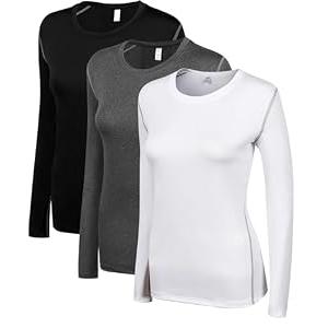 WANAYOU Women's 3 Pack Compression Shirts Cool Dry Fit Long Sleeve Workout Shirts Sports Running Shirt Athletic Exercise Gym Yoga Shirts (3 Pack(Black+White+Grey), Small)