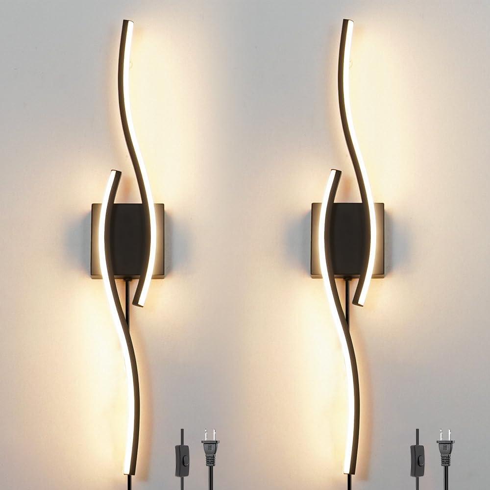 Plug in Wall Sconces Set of 2, Modern Plug in Sconce with Remote, Dimmable LED Wall Light, Wall Lamps with Plug in Cord for TV Wall Sconces, Black Sconce Lighting for Living Room, Hallway, Bedroom (27.56inch)