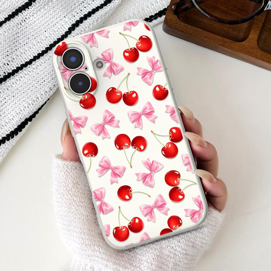 MUWBKPI for iPhone 16 Plus Case Cherry Girly, Cherries Bows/Beige