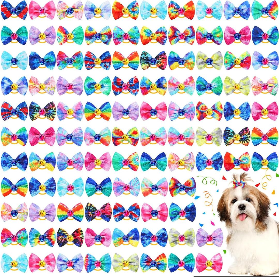 Tondiamo 100 Pack Tie Dye Dog Hair Bows for Dogs Spring Dog Hair Bows with Rubber Bands Puppy Rhinestone Grooming Dog Hair Accessories for Small Girl Dogs