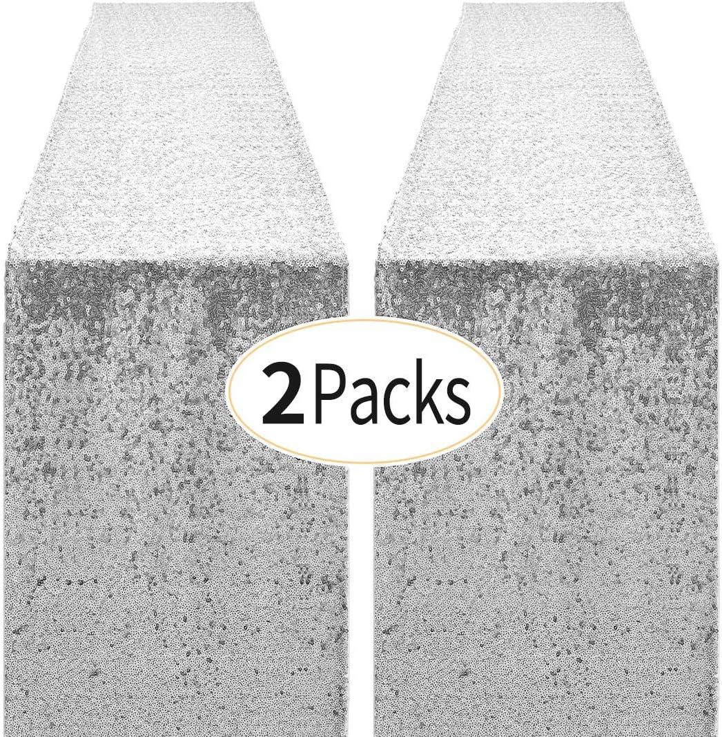 2 x 2 Packs 12 x 72 inches Silver Sequin Table Runner, Glitter Runner for Birthday Party Supplies Decorations Wedding Bachelorette Holiday Celebration Bridal Shower Baby Shower