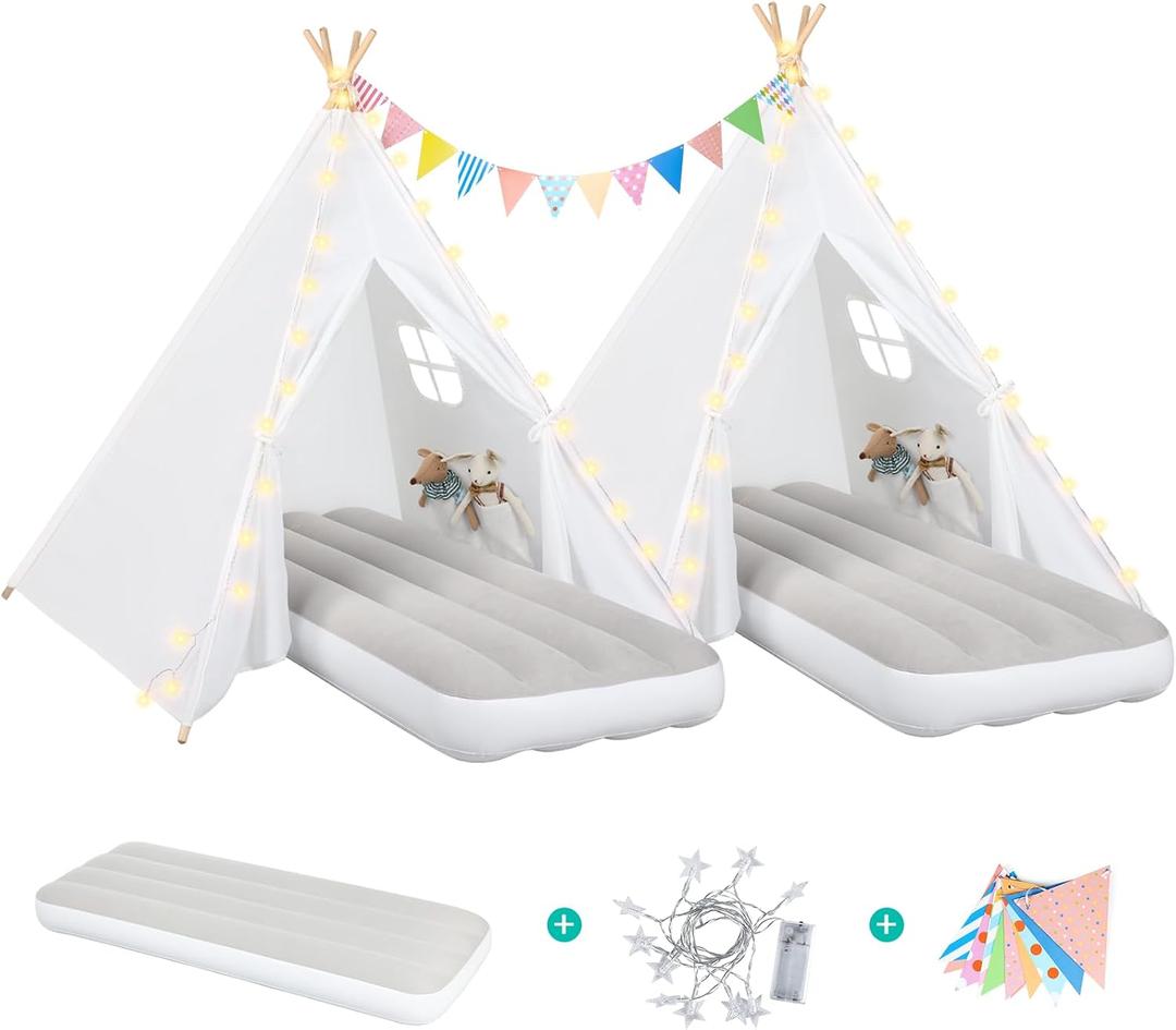 Teepee Tent for Kids Sleepover Party 2 Pack: Inflatable Airbed & Star Lights & Colored Flag - Indoor Outdoor Toddler Play Tent for Girls Boys Birthday Gifts Slumber Party (White)