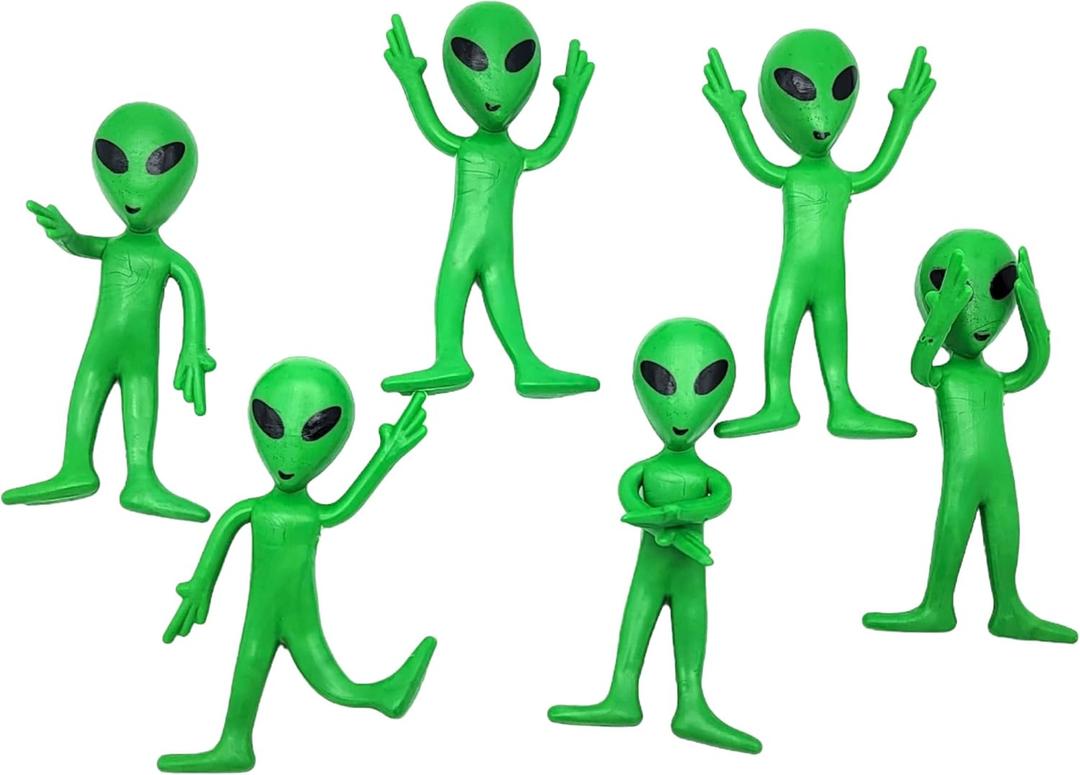 Bendable Rubber Green Aliens (3.75") Action Figures Bendable UFO Aliens Limbs Sensory Stress Relief Fidget Toys. Great Party Favor Trick or Treat Supplies (6 Aliens)