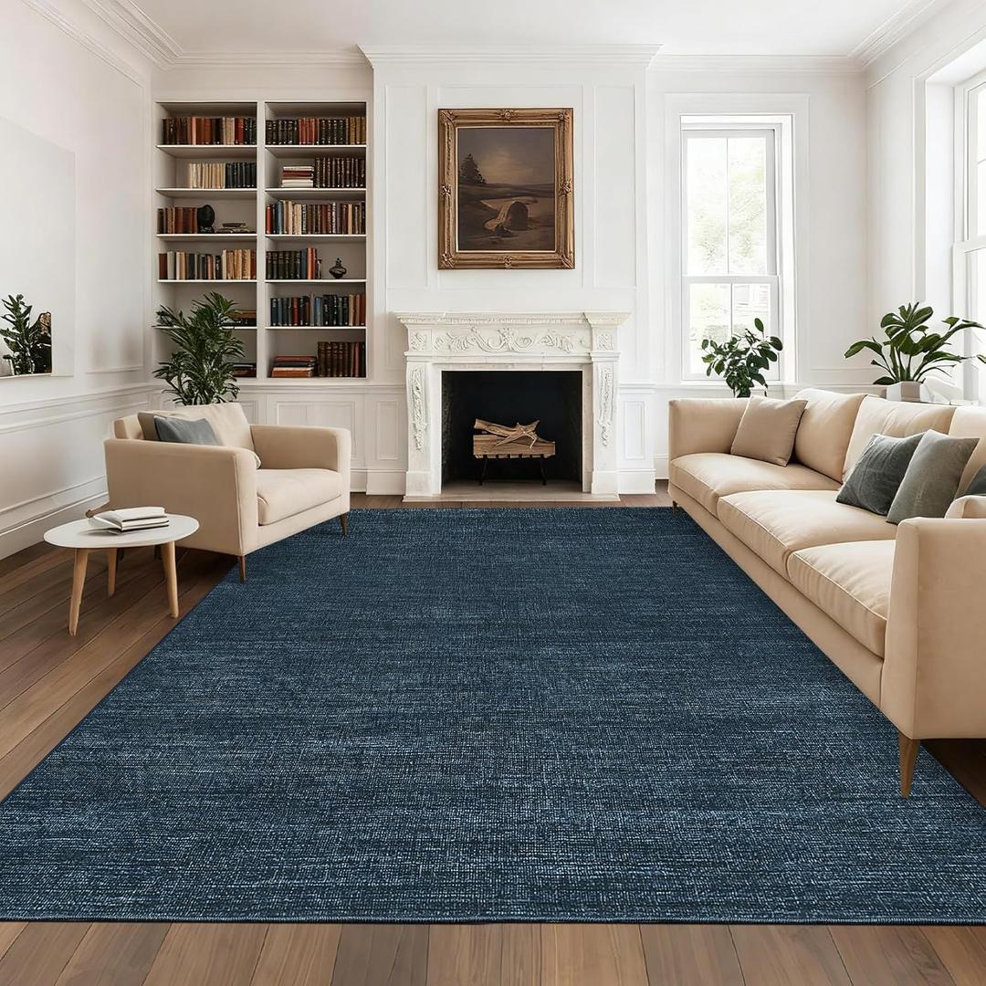 Washable Area Rug 8x10 for Living Room Bedroom Non Slip Minimalist Solid Color Area Rugs Modern Abstract Plain Dining Room Throw Carpet Low Pile Soft Classic Boho Rugs for Kitchen Nursery Oiifce, Navy