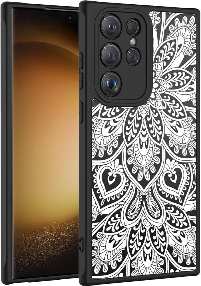 LUMARKE for Galaxy S23 Ultra Case with Enhanced Camera Lens Protection, Translucent Matte Acrylic Phone Cover - Cute Aesthetic Floral Design for Women Girls - White Mandala