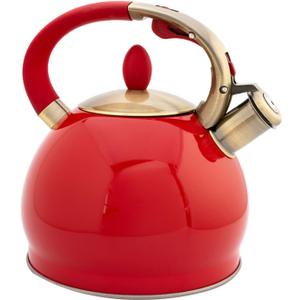 Whistling Tea Kettle, Cool Touch Ergonomic Handle Teapot, Stainless Steel Kettle Stove Top, Unique Button Control Kettle Outlet(Red,3L)