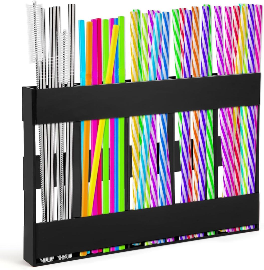 Acrylic Straw Holder With Double-Sided Tape, Cabinet Straw Organizer, Straws Dispenser, Suitable For Cabinets And Kitchen Countertops (Black)
