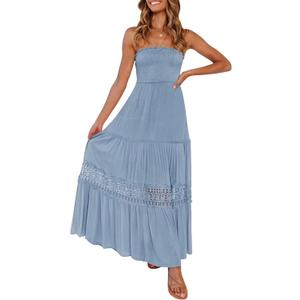 ZESICA Women's 2026 Summer Boho Maxi Dresses Strapless Off Shoulder Lace Flowy A Line Beach Vacation Long Sundress S