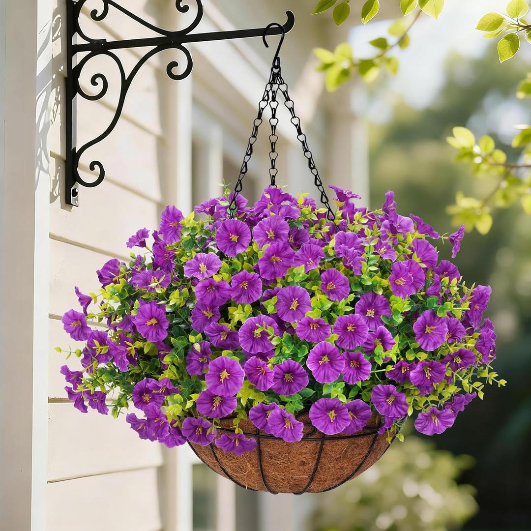 Yastouay Artificial Hanging Flowers for Outdoors, Fake Hanging Plants with Baskets, UV Resistant Hanging Flowers Fake Flowers for Outdoors Porch Patio Garden Spring Summer Decor(Purple) (10 Bundles)