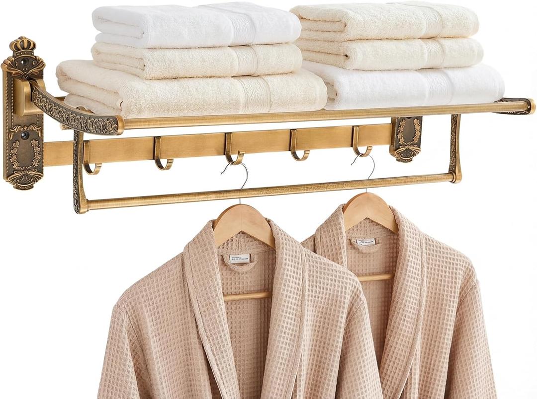 Vintage Brass Foldable Towel Rack with Hooks, Foldable Wall Mounted Bathroom Shelf, Double Towel Bars Antique Gold Aluminum Rail Holder for Bathroom, Entryway, and Kitchen(24")