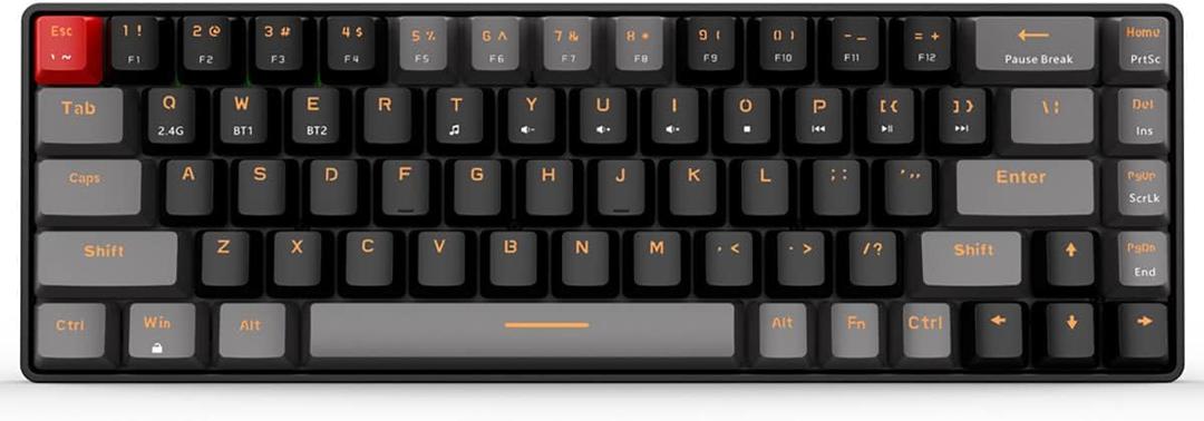 Qisan Mechanical Gaming Keyboard, Dual Mode 2.4G/BT Wireless, 60% Mini Design, Brown Switch, US Layout, 68 Keys, Computer Keyboard, Gaming Pc, Wireless Gaming Keyboard (Brown Switch with Black & Grey Combo Color)