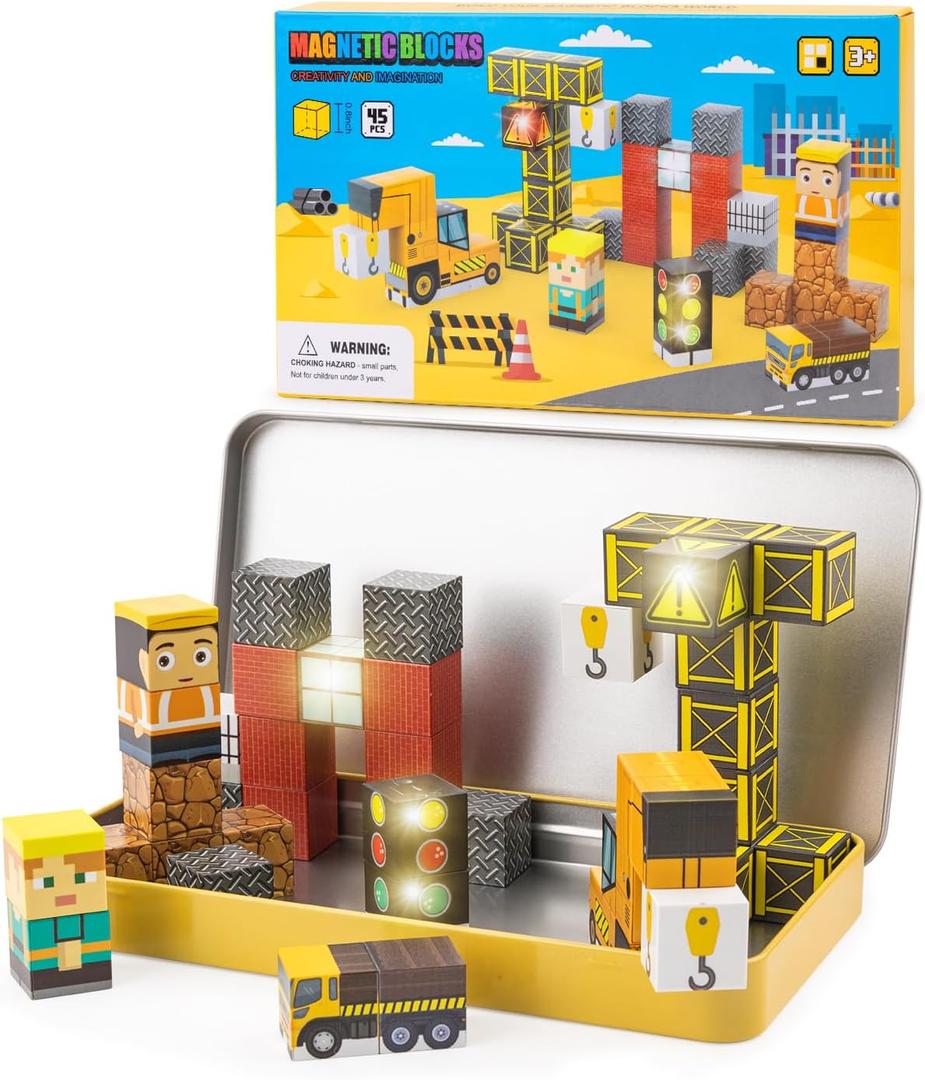Magnetic Blocks 45pcs Travel Toys with Light-Up Cube, Valentines Day Gifts Kids Toddler Magnet Building Block STEM Educational Learning Toy Gift for 3-5 8 Year Old Boys Girl Autism -Construction