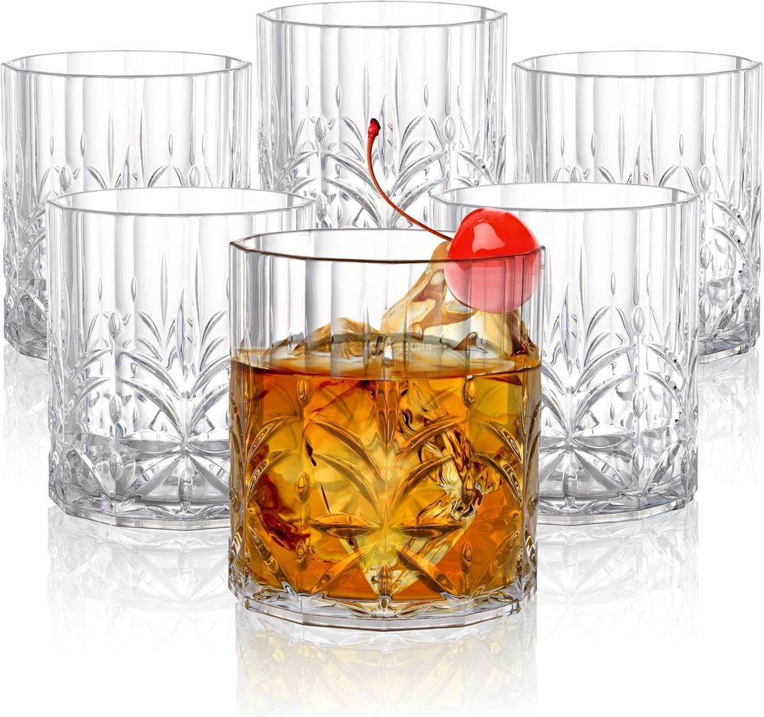 6 Pack Plastic Water Tumblers, 14 OZ Unbreakable Acrylic Whiskey Drinking Glasses, BPA-Free Clear Wine Cup, Shatterproof Drinkware Barware for Juice, Cocktail