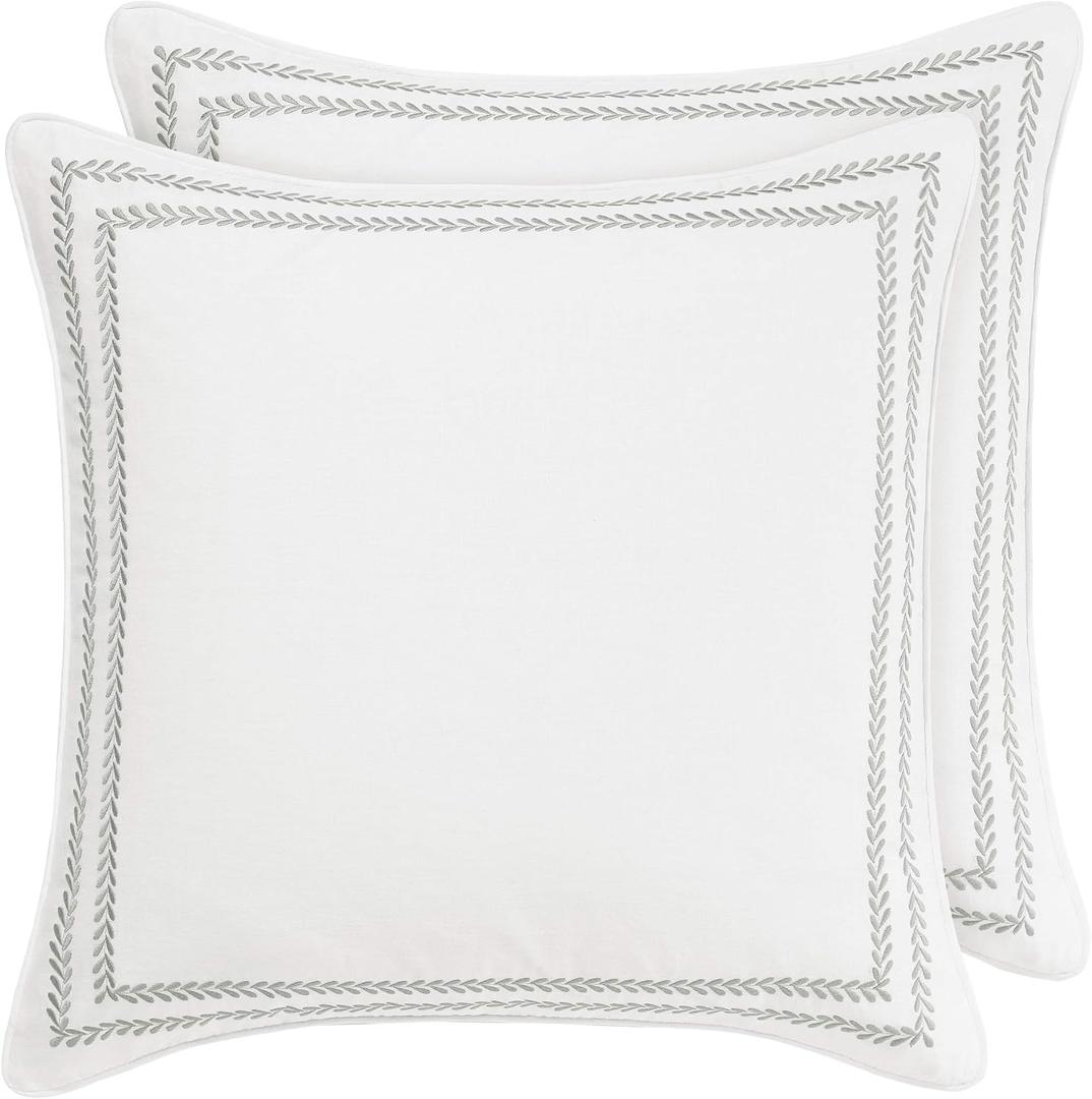 Laura Ashley - Euro Shams, 100% Smooth Cotton with Envelope Closure, Throw Pillow Cover for Bed or Couch, Oeko-Tex Certified, Set of 2 (Stitched Vine Leaf Grey, 26" x 26")