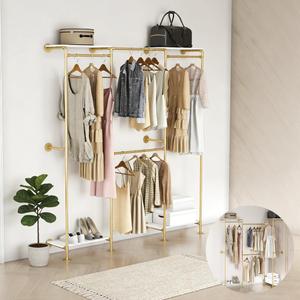 Industrial Pipe Clothing Rack with Shelves, Wall Mounted Gold Clothes Rack for Corner, Adjustable Closet System for Walk in Closets, Heavy Duty Coat Rack with Storage Shelves for Bedroom (73"W x 84"H)