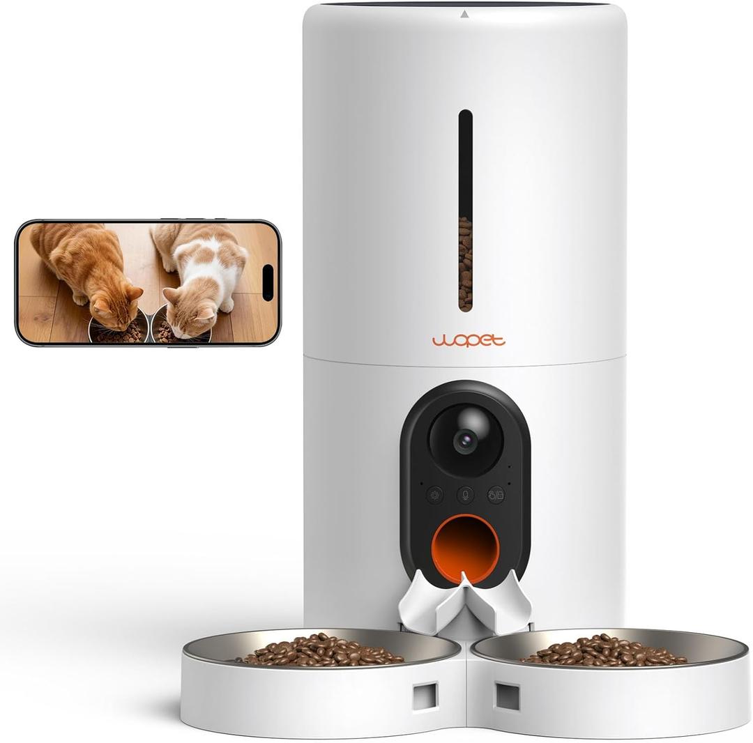 WOPET Automatic Cat Feeder with Camera for Two Cats, 6L Automatic Dog Feeder with HD Video and Night Vision, 5G/2.4G WiFi Pet Feeder for Cats & Dogs, SD Card Storage & 2-Way Audio