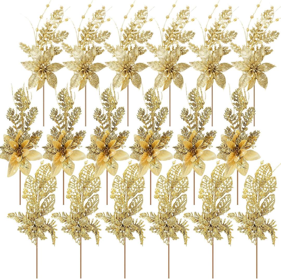 18 Pack 3 Styles 17 Inch Christmas Glitter Poinsettia Berry Stems Ornaments Artificial Floral Branches Picks for Christmas Tree Home Vase Holiday Party Decor(Gold)