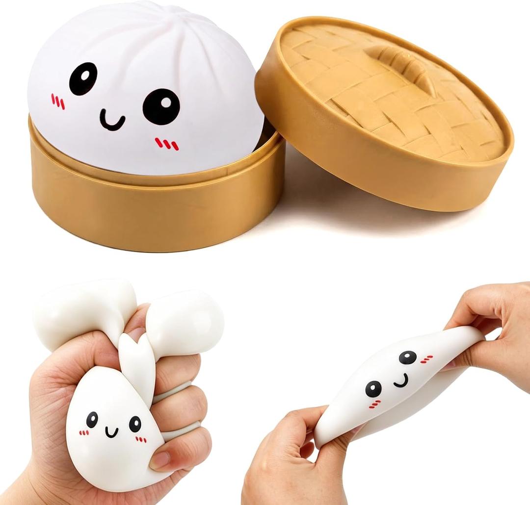 Dumpling Squishy Fidget Toys for Adults and Kids, Cute Steamer Basket Design with Squeezable Bun Stress Relief Toys, 3.5'' Big Stress Balls with Cute Smile Face (White 1 PC)