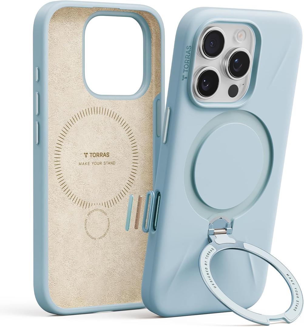 TORRAS Liquid Silicone for iPhone 16 Pro Case with 360 Spin Magnetic Stand & Camera Control, Fit for MagSafe, OStand Q3 Silicone Non-Slip Rubber Protective Case for iPhone 16 Pro, Baby Blue 6.3''