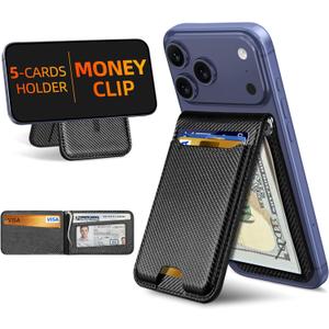 For Magsafe Wallet with Money Clip, Strongest Magnetic Wallet for iPhone 17/16/15/14/13/12 Series, Adjustable Stand, ID Window, 5 Card Holder, Vegan Leather, Not for 13/12 Mini, Black Carbon Fiber