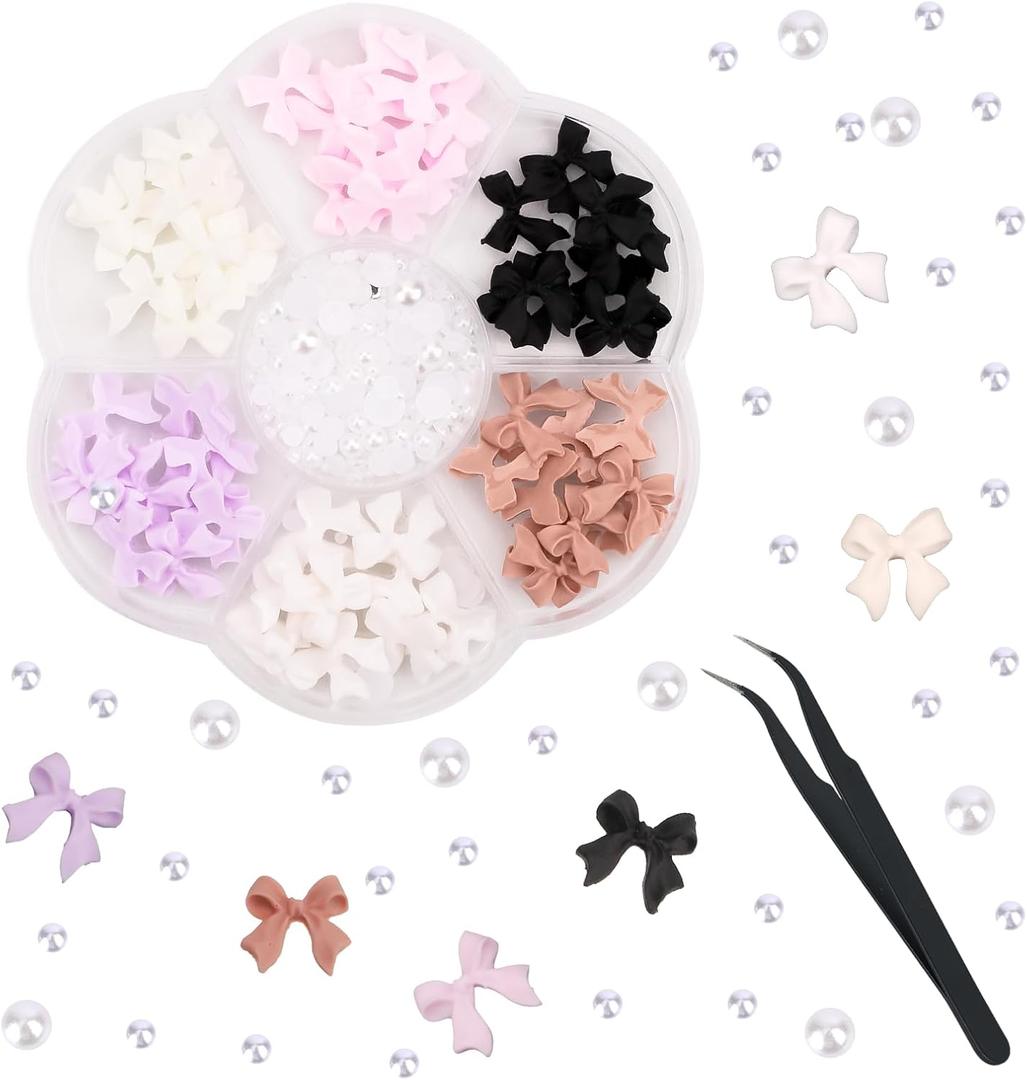Bow Nail Charms, 6 Colors 3D Bowknot Charms with Pearl Stone Nail Charms Resin Nail Pendants Nails Rhinestones with Black Tweezers Nail Decorations for Nail DIY Craft Design
