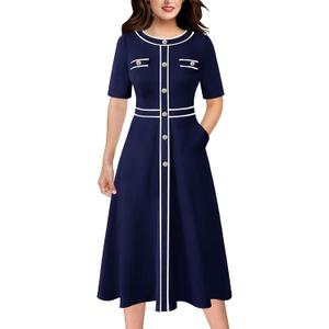 VFSHOW Womens Elegant Buttons Pockets Work Business Office Fit and Flare Midi Mid-Calf A-Line Dress (Blue)