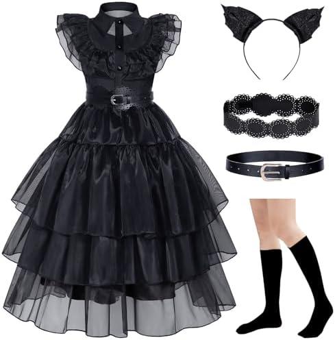 MGparty Girls Black Costume Halloween Cosplay Dress with Headband Belt Socks for Kids, Size 130