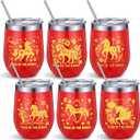 Domensi 6 Pcs 12oz 2026 Chinese New Year Tumbler Year of the Horse Gifts Stainless Steel Double Wall Vacuum Insulated Mug with Lid and Straw Spring Festival Lunar Party Gifts Zodiac Blessing Present