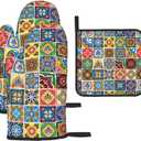 Mexican Talavera Tile Oven Mitts and Pot Holders Sets of 3, Heat Resistant Non-Slip Polyester Colorful Talavera Kitchen Gloves Gifts for Cooking Lovers, Vibrant Kitchen Decor for Baking BBQ Cooking