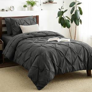 CozyLux Twin XL Comforter Set Dark Grey, 5 Pieces Twin Extra Long Pintuck Bed in A Bag for College Dorm, All Season Bed Set Gift, Pinch Pleat Bedding Set with Comforter, Sheets, Pillowcase & Sham
