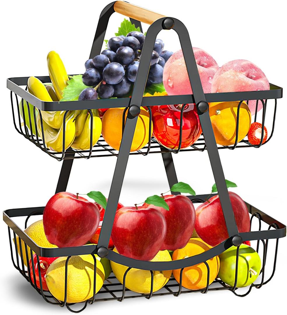 2 Tier Fruit Basket for Kitchen, Detachable Fruit Bowl for Kitchen Counter, Metal Fruit and Vegetable Storage Stand, Fruits Holder Vegetable Basket with Wood Handle, Bread and Snack Organizer (Black-Original Wood)