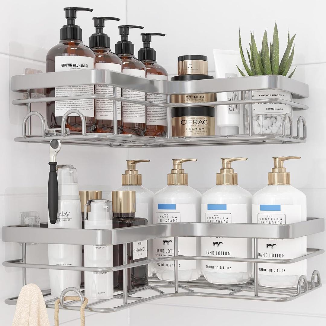 Sakugi Corner Shower Caddy - 2 Pack, Adhesive Shower Organizers, Rustproof Stainless Steel Shower Shelves with 8 Hooks, No Drilling Bathroom Organizers and Storage Racks, Space-Saving, Silver, X-Large