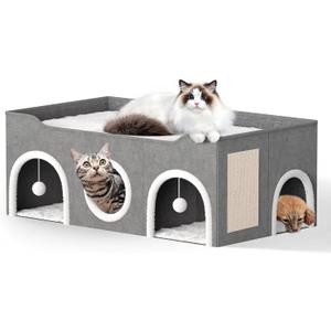 All-in-1 Extra-Wide Cat House for Indoor, Multi Cats Puppy Family, Large Cat Cave for Pet House with Fluffy Ball Hanging and Scratch Pad, Foldable Dog Hideaway, 35.4x19.6x13.3 inches, Grey