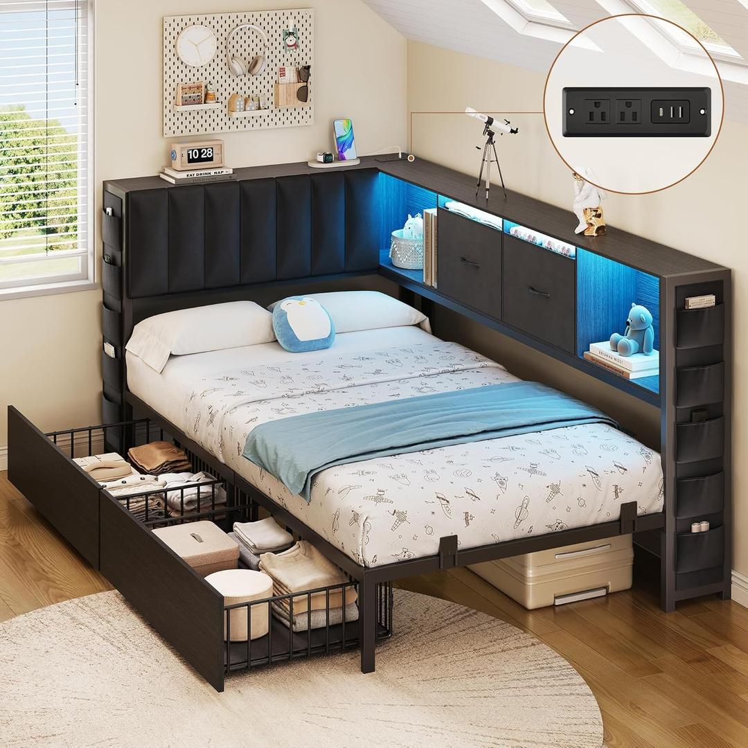 MapleGrace Twin Corner Bed Frame with Upholstered Storage Headboard and Drawers, Metal Platform Bed Frame with LED Light and Charging Station, Twin Daybed for Living Room, Bedroom & Guest Room, Black