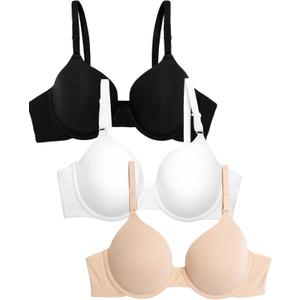 Fruit of the Loom Women's Smooth Cotton T-Shirt Bra Pack - Ultra-Soft, Flexible, and Invisible Under Tees (38D, Black Hue/Sand/White)