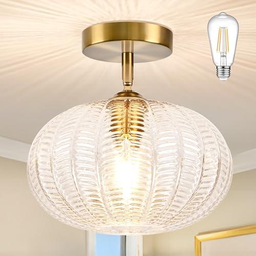 Bagood Gold Semi Flush Mount Ceiling Light Fixture Vintage Ceiling Light Fixture Farmhouse Globe Glass Mid Century Textured Glass Hallway Fixture for Bathroom Entryway (Bulb Incl.)