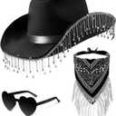 Leumoi 3 Pcs Rhinestone Cowgirl Hat with Fringe Rhinestone Bandana and Heart Sunglasses Bling Diamond Fringe Cowboy Hat (Black)
