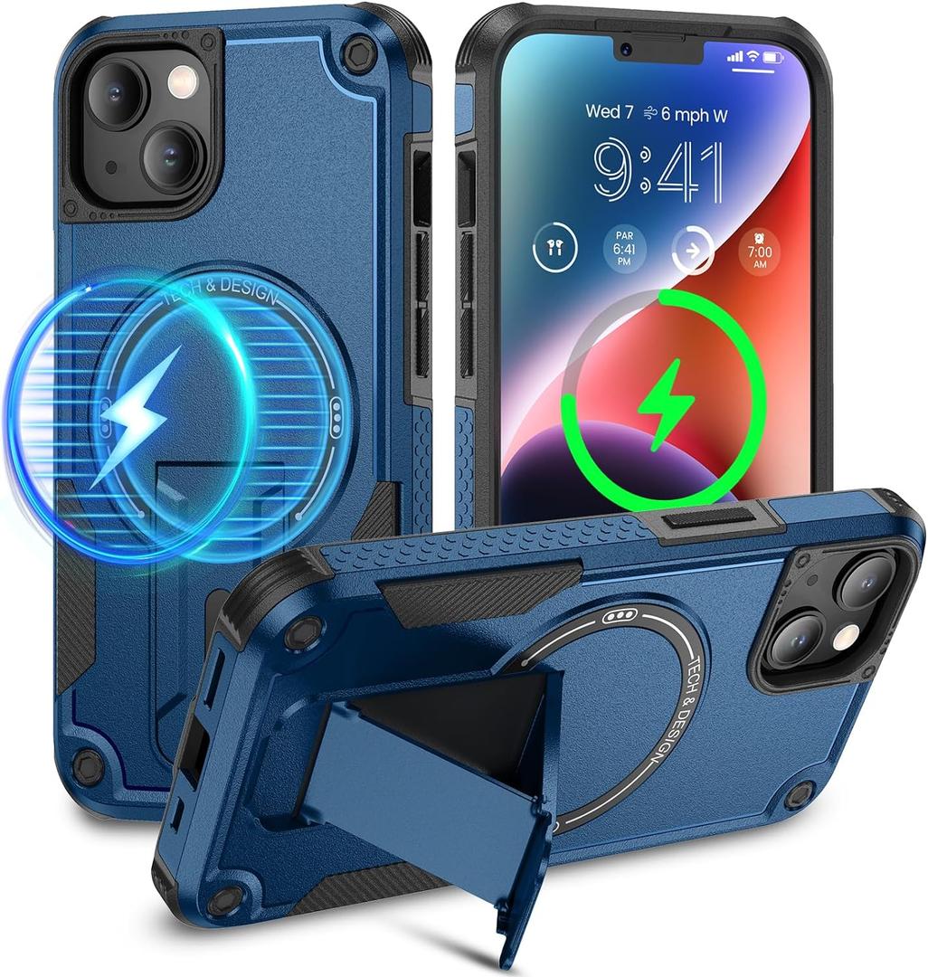 Caka for iPhone 13 Case, iPhone 14 Case [Compatible with MagSafe][Built in Invisible Stand] Military Grade Shockproof Protective Magnetic Phone Case for iPhone 14 & iPhone 13-6.1 inch (Navy Blue)