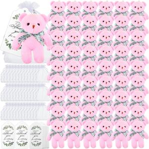 Wettarn 50 Sets Small Tiny Plush Bear Bulk 4.72 Inch Mini Stuffed Animals Small Bear Party Favors with Thank You Tags and Mesh Bags for DIY Keychain Birthday(Pink)