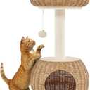 Yaheetech Cat Tree, 29.5in Rattan Cat Tower for Indoor Cats w/Scratching Post, Woven Cat Condo and Soft Cushion Top Perch, Aesthetic Cat Tree for Kittens