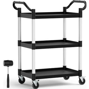 Plastic Utility Carts with Wheels, 3-Tier Rolling Cart with 4 Lockable Wheels, Heavy Duty 600 LBS Capacity Food Service Cart (Does Not Contain Recycled Plastic),16.8" D x 31.5" W x 37.8" H