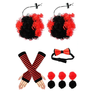 Halloween Clown Costume Accessories Set Gloves Balloons Clown Red Black Hair Clip on Puff Buns Pompoms Face Stickers Halloween Party Cosplay Women Adults