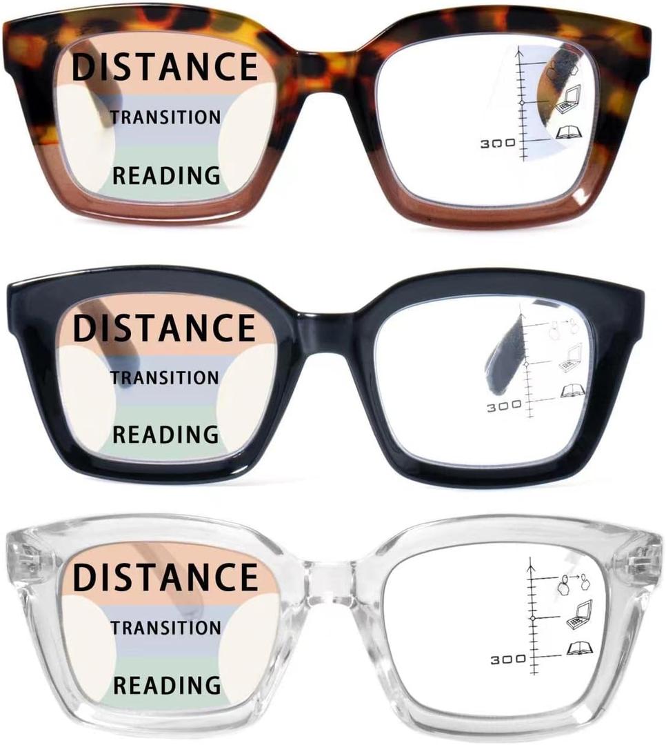 HIYANJN 3 Pack Progressive Multifocal Reading Glasses for Women Men Oprah style Blue Light Blocking Spring Hinger Readers 2.00 (Progressive-mixed Color)