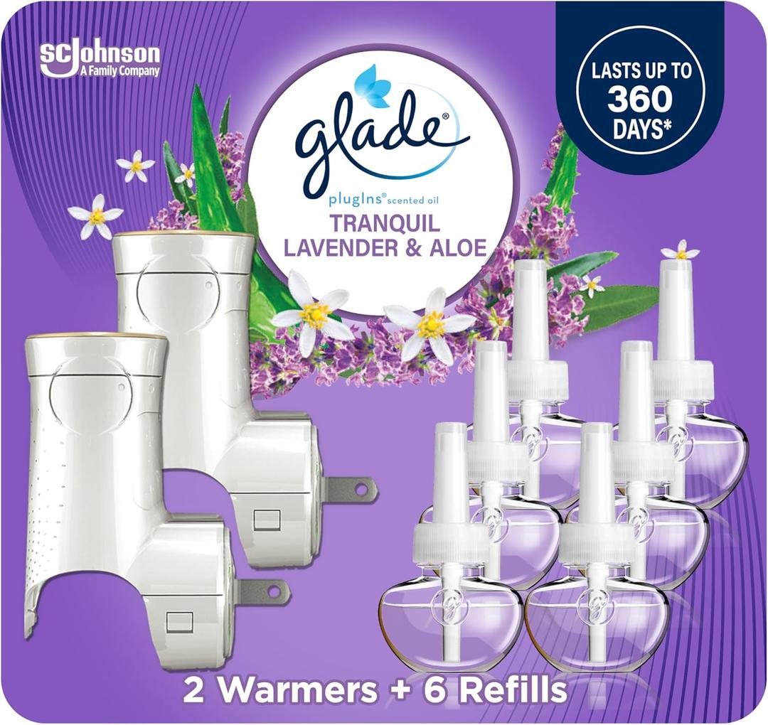 Glade PlugIns Refills Air Freshener Starter Kit, Scented and Essential Oils for Home and Bathroom, Tranquil Lavender & Aloe, 4.02 Fl Oz, 2 Warmers + 6 Refills