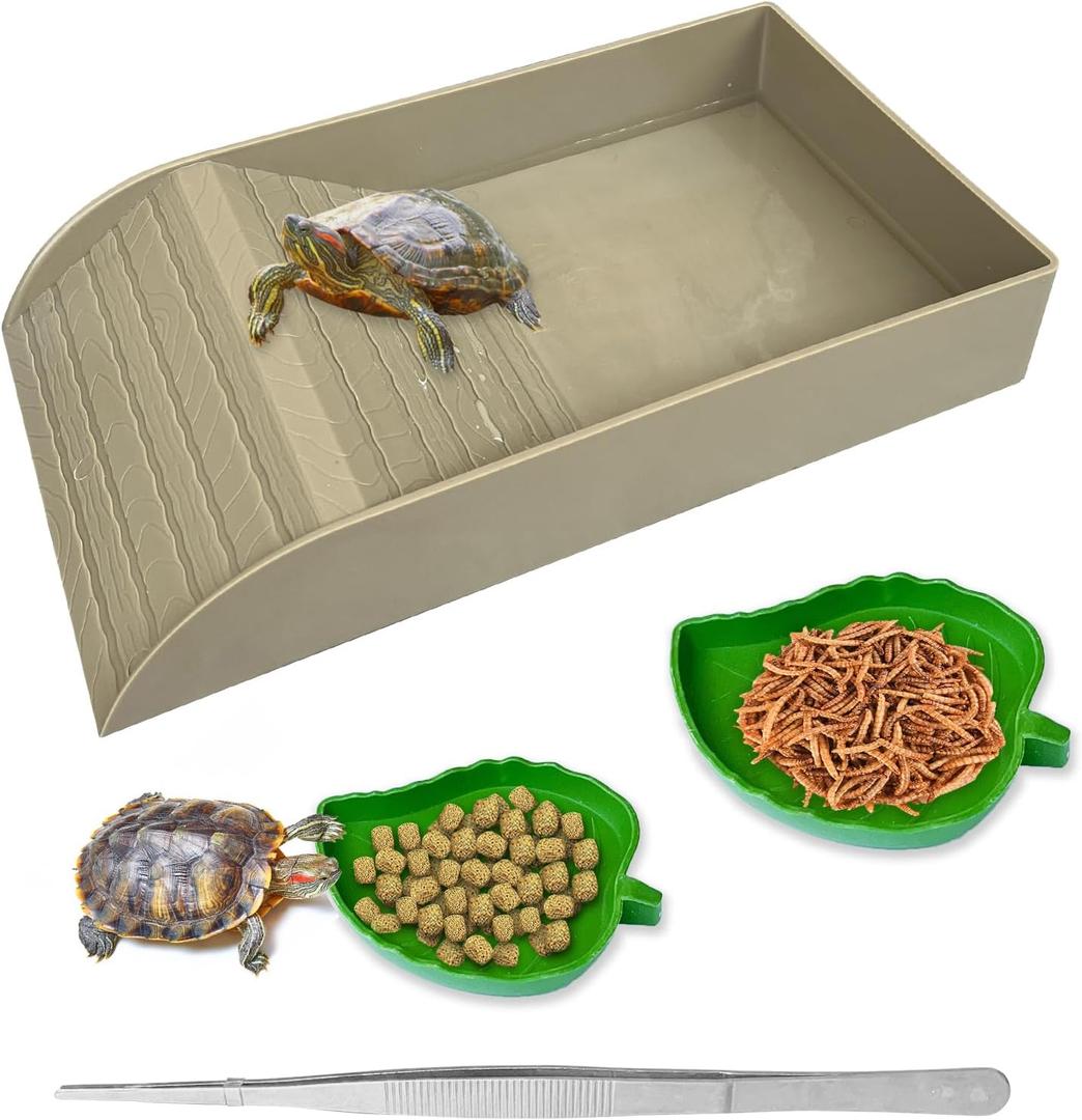 NGORAY Tortoise Feeding Dish with Ramp and Basking-Platform - Leaf Tortoise Water Food Bowls, Reptile Water Dish Amphibians Habitat, Reptile Water Bowl Fit for Amphibians with Forcep Cleaning Clip (Brown)