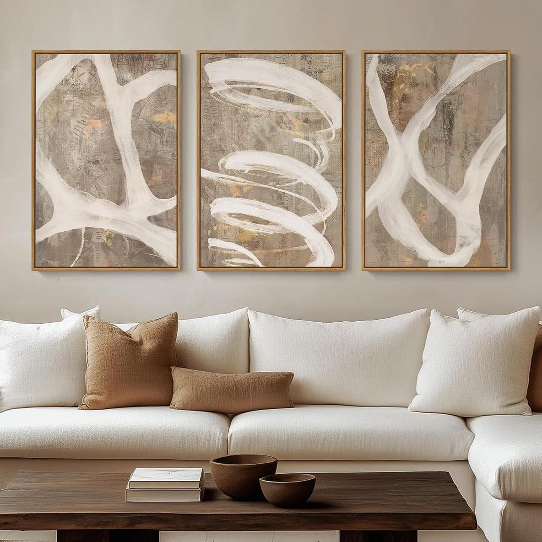Large Framed Neutral Abstract Wall Art for Living Room, 3 Piece Modern Canvas Prints Paintings Artwork for Walls, Minimalist Beige Taupe White Abstract Pictures for Hallway Office Wall Decor 24x36 In, 24" W x 36" H x 3Pcs