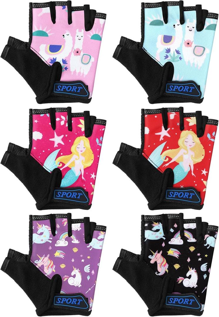 6 Pairs Christmas Kids Bike Gloves Gift Cute Fingerless Gymnastics Workout Golf Gloves for Girls Boys (Black)