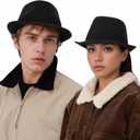 Jnxuoq Short Brim Fedora Hat for Women & Men Classic Bowler and Gangster Style Wide Brim Felt Hats Vintage Black Top Hat (Black)